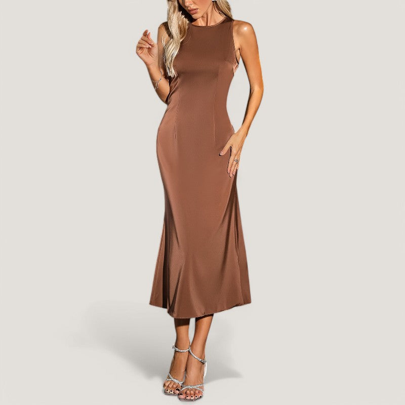 Robe Maxi Femme Satin Fluide Sans Manches 0