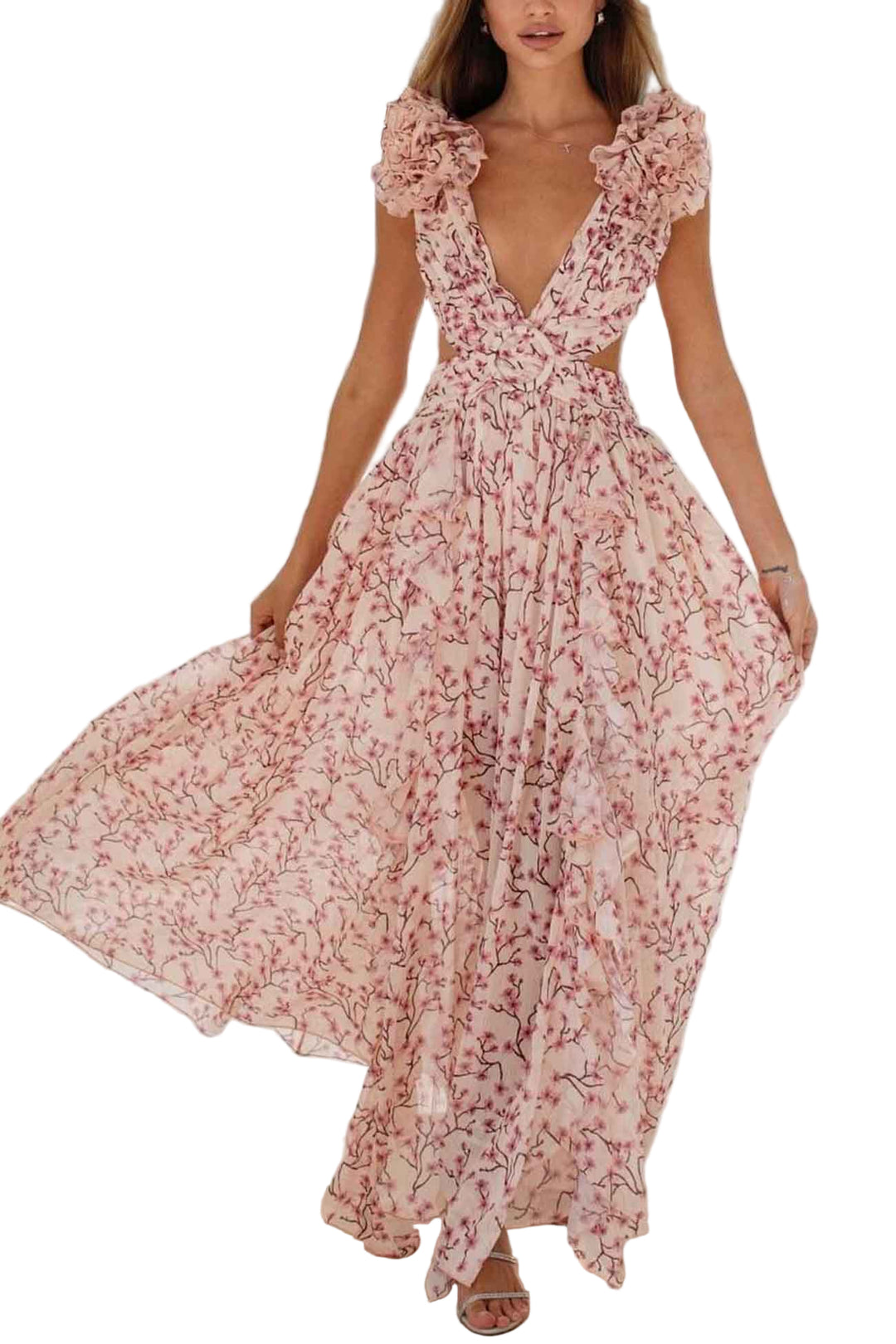 Robe Maxi Femme à Encolure en V Profonde avec Manches Volantes 1