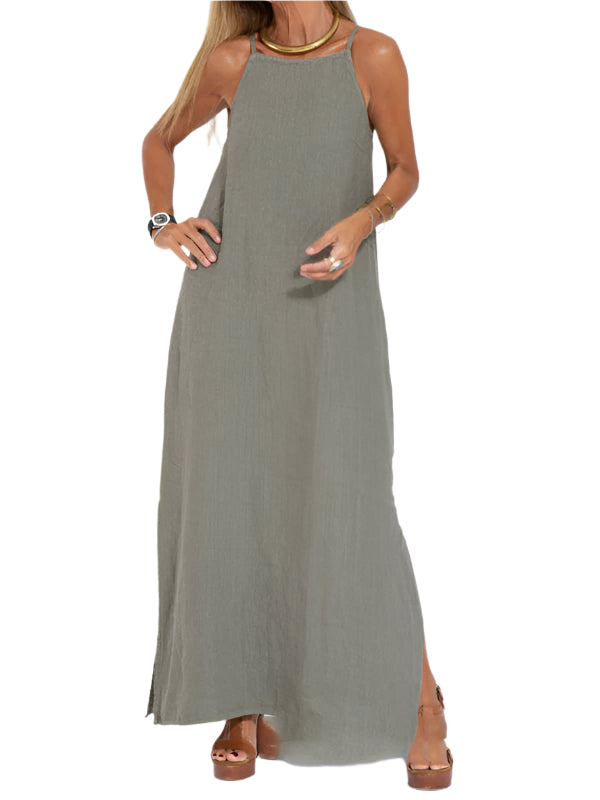 Robe Maxi à Bretelles Spaghetti en Coton-Lin pour Femmes 0