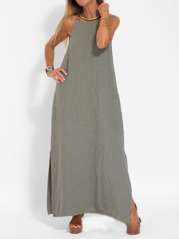 Robe Maxi à Bretelles Spaghetti en Coton-Lin pour Femmes 2