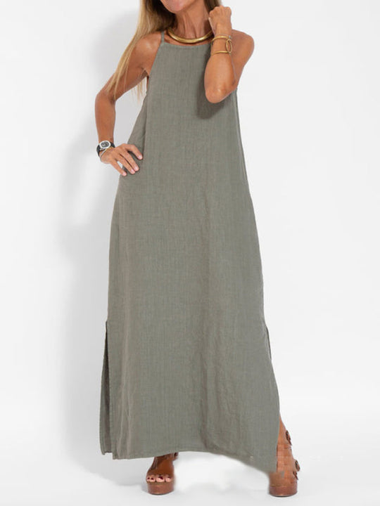 Robe Maxi à Bretelles Spaghetti en Coton-Lin pour Femmes 2