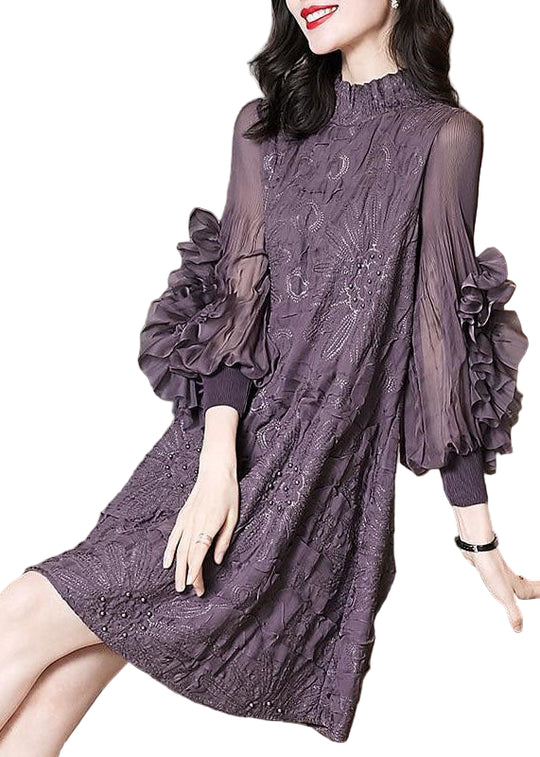 Robe Maxi à Col Montant Violet avec Broderie 0