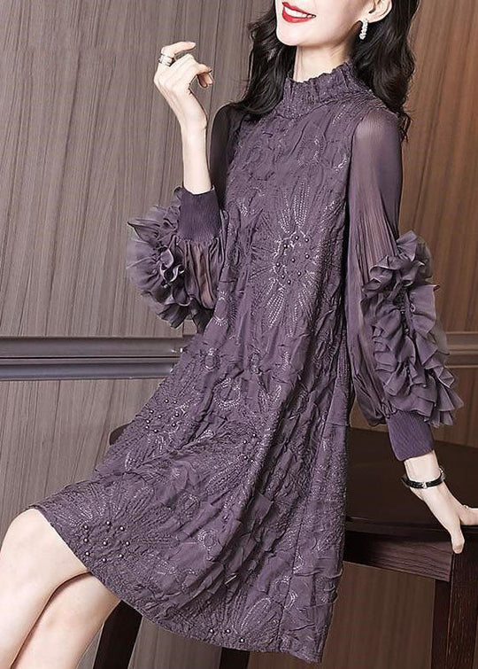 Robe Maxi à Col Montant Violet avec Broderie 1