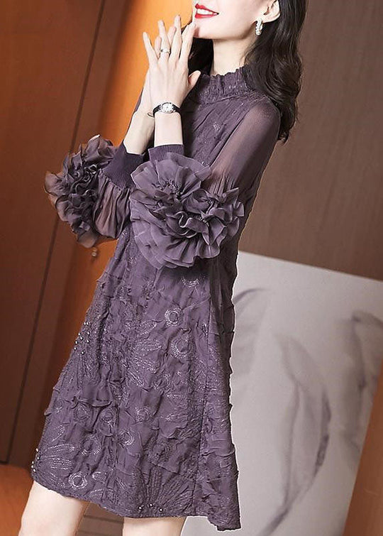 Robe Maxi à Col Montant Violet avec Broderie 3