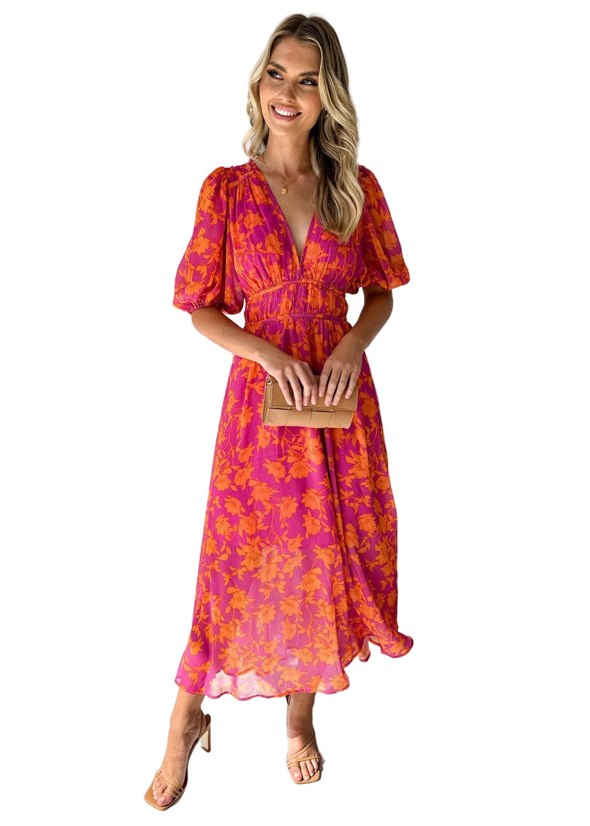Robe Maxi à Fleurs V-Cou pour Femmes avec Manches Bouffantes 0