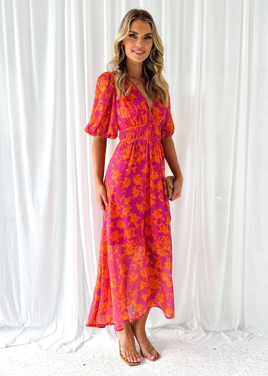 Robe Maxi à Fleurs V-Cou pour Femmes avec Manches Bouffantes 1