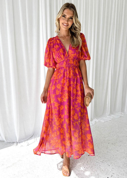 Robe Maxi à Fleurs V-Cou pour Femmes avec Manches Bouffantes 3