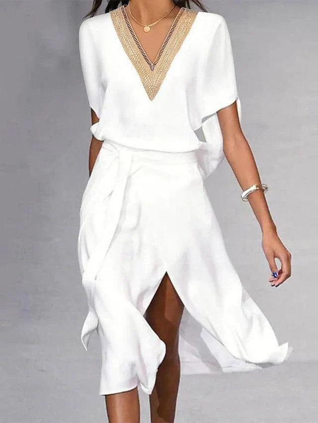 Robe Midi Femme Col en V Chic 0