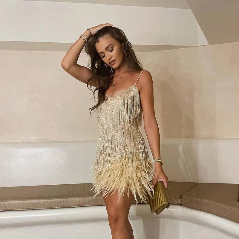 Robe Midi Femme Paillettes et Plumes 4