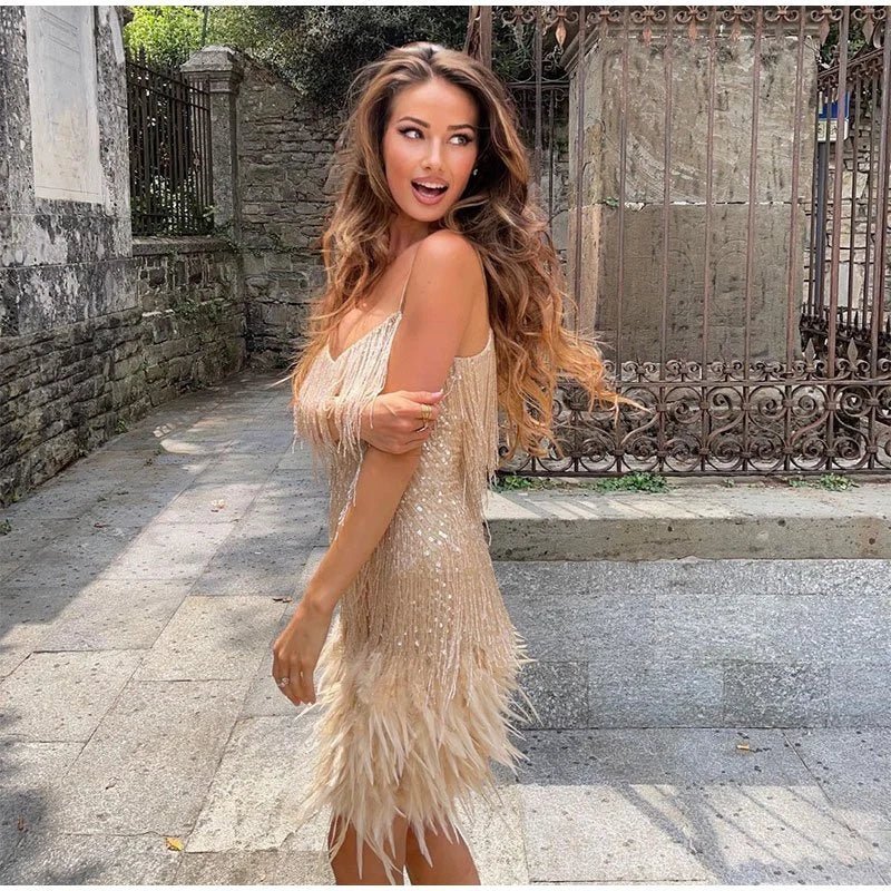 Robe Midi Femme Paillettes et Plumes 6