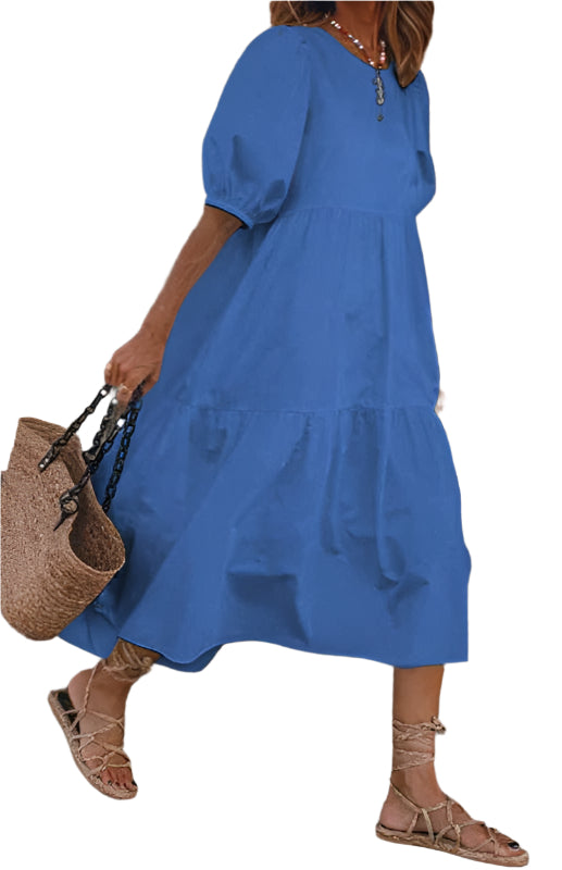 Robe Midi Femme à Manches Bouffantes en Mélange de Lin 0