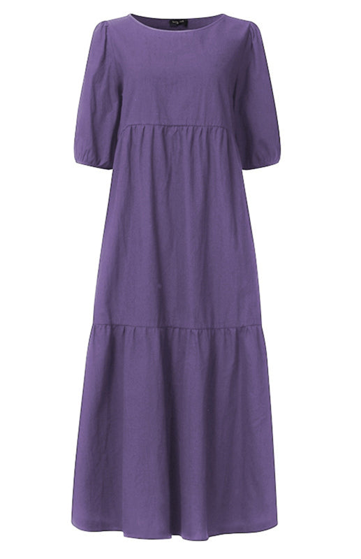 Robe Midi Femme à Manches Bouffantes en Mélange de Lin 4