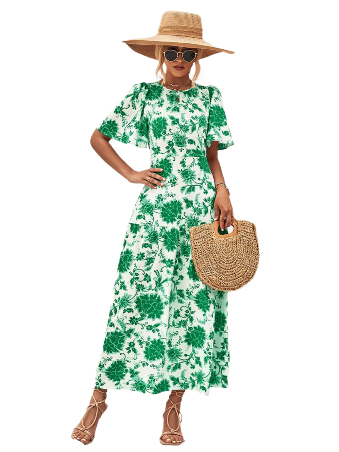 Robe Midi Fleurie à Col Rond et Dos Ouvert 0