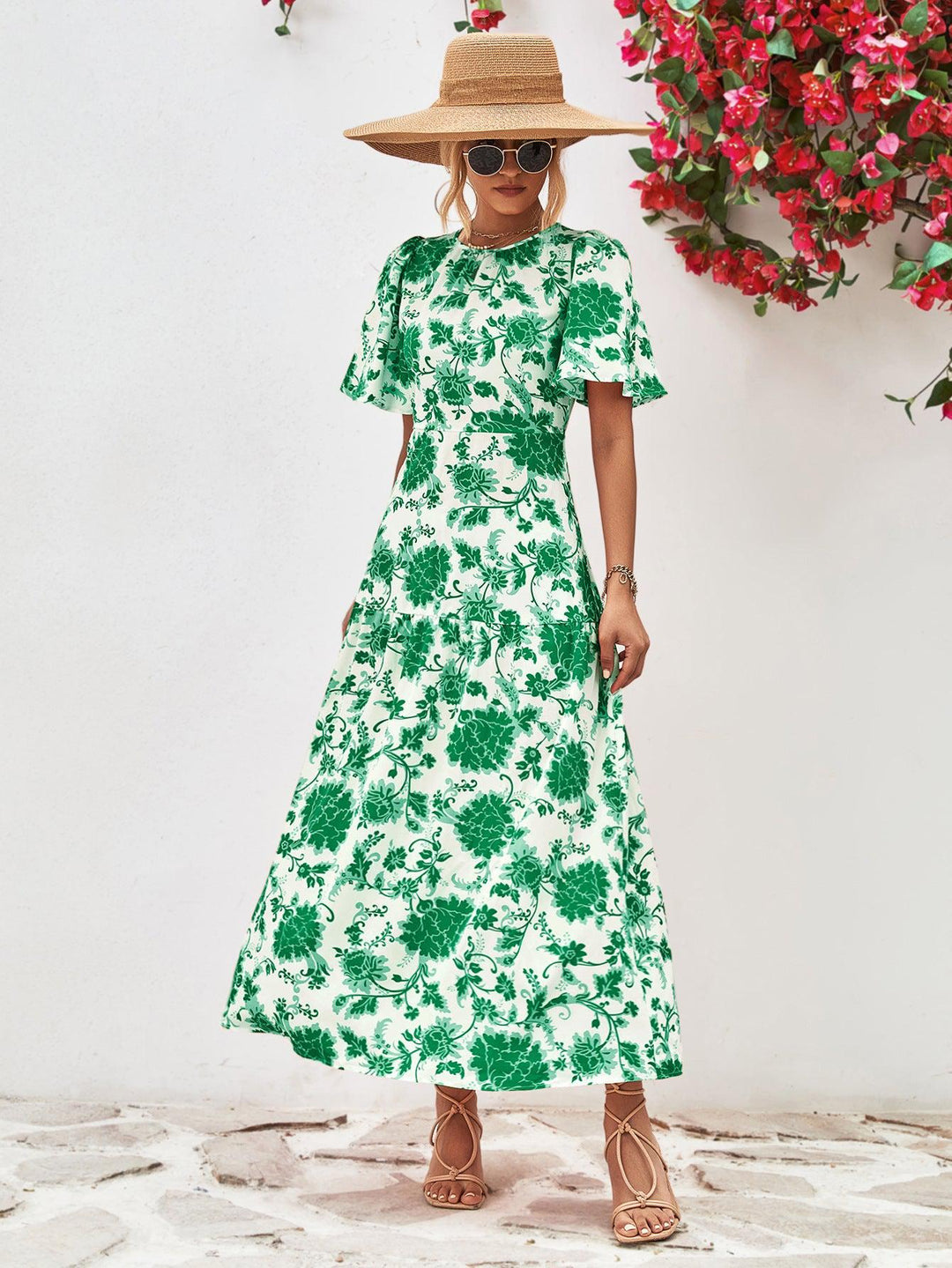 Robe Midi Fleurie à Col Rond et Dos Ouvert 2