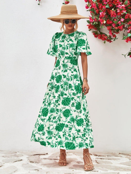 Robe Midi Fleurie à Col Rond et Dos Ouvert 2