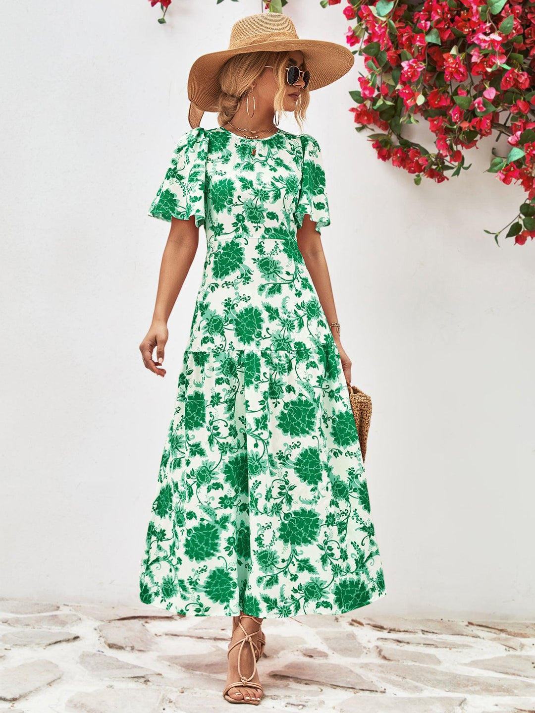 Robe Midi Fleurie à Col Rond et Dos Ouvert 3