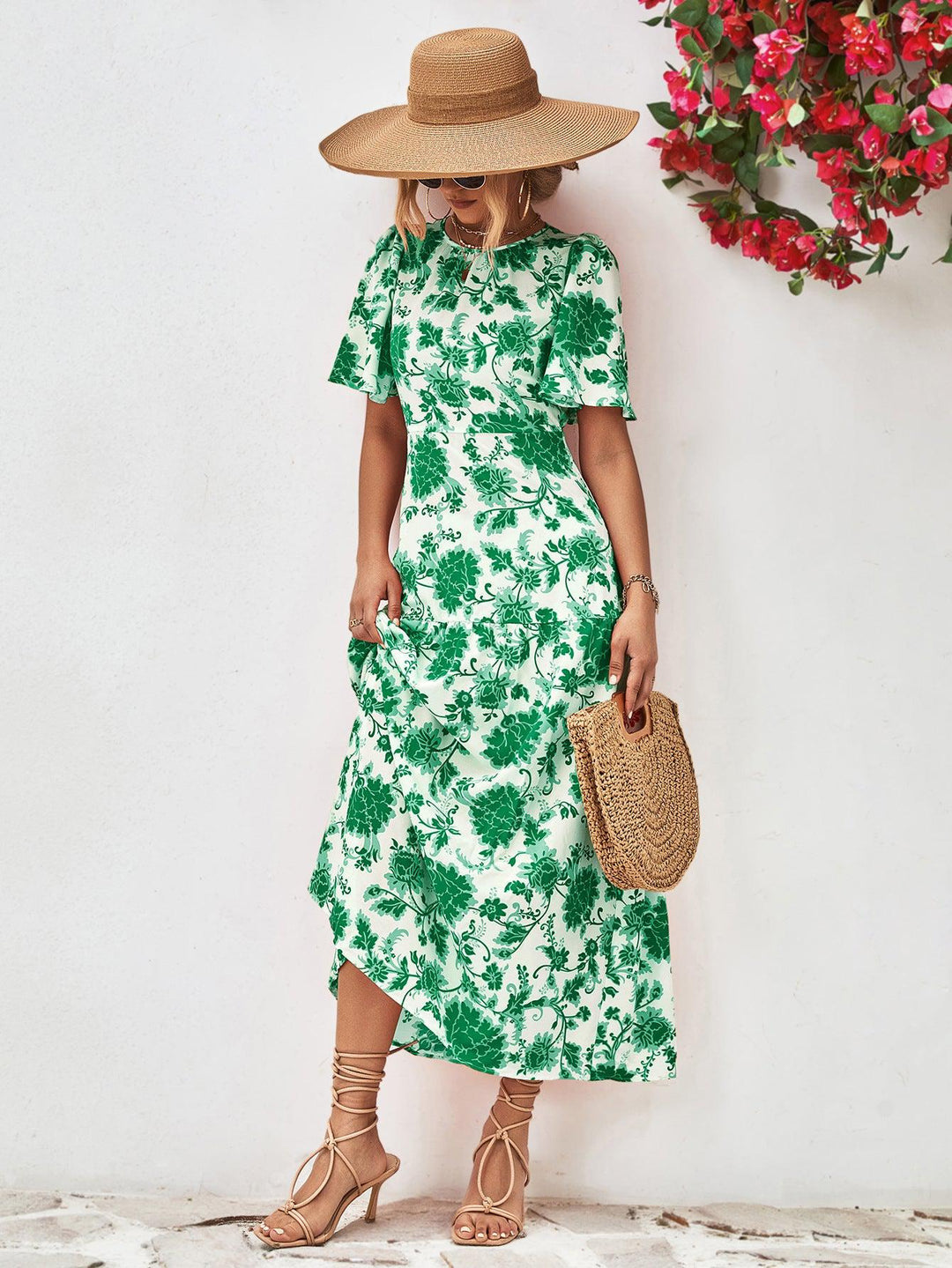 Robe Midi Fleurie à Col Rond et Dos Ouvert 4