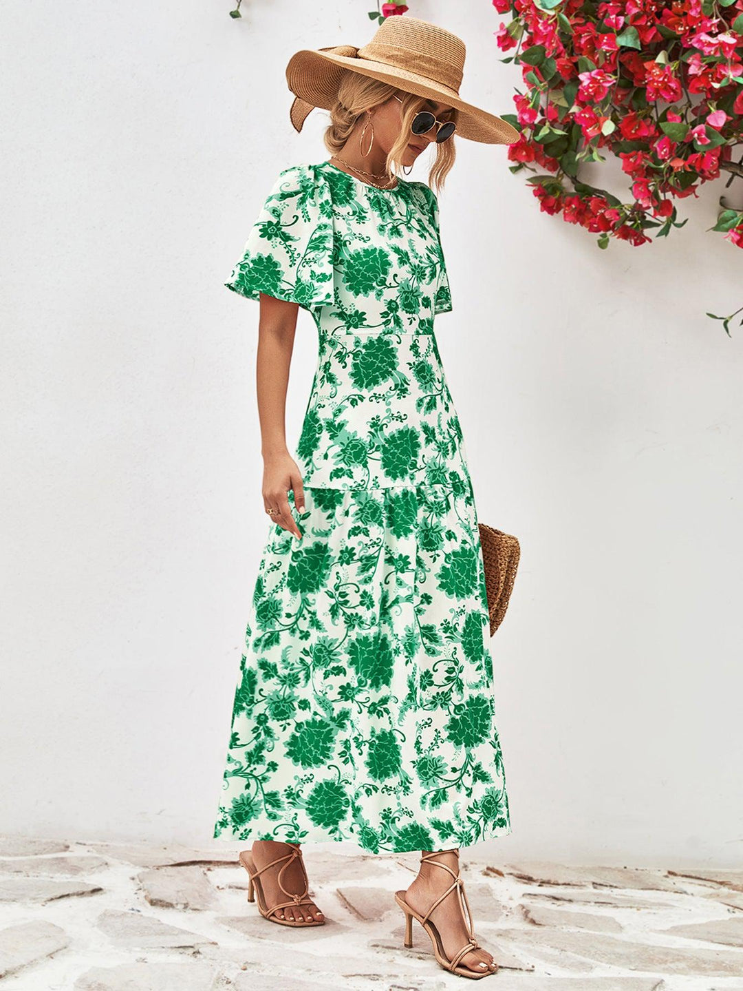 Robe Midi Fleurie à Col Rond et Dos Ouvert 5