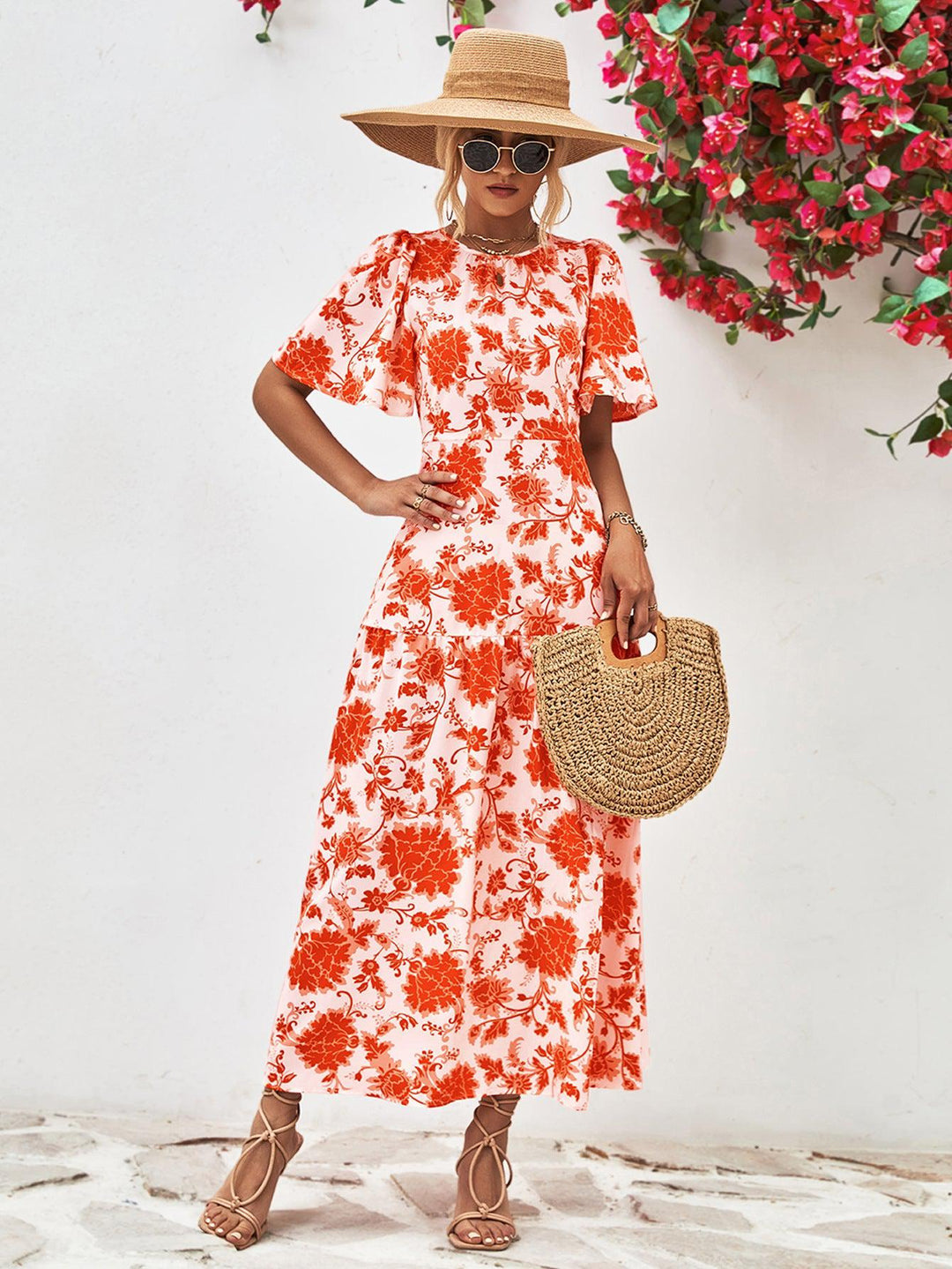 Robe Midi Fleurie à Col Rond et Dos Ouvert 6