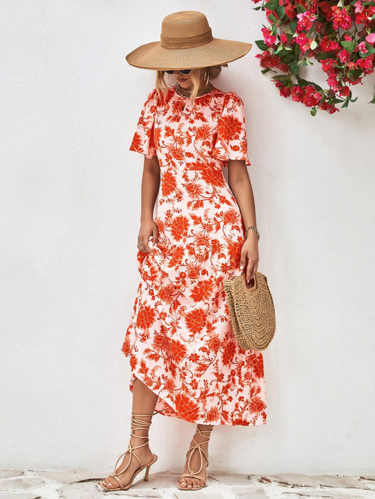 Robe Midi Fleurie à Col Rond et Dos Ouvert 7