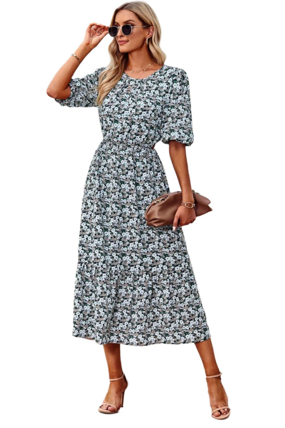 Robe Midi à Manches Bouffantes Découpée Fleurie 0