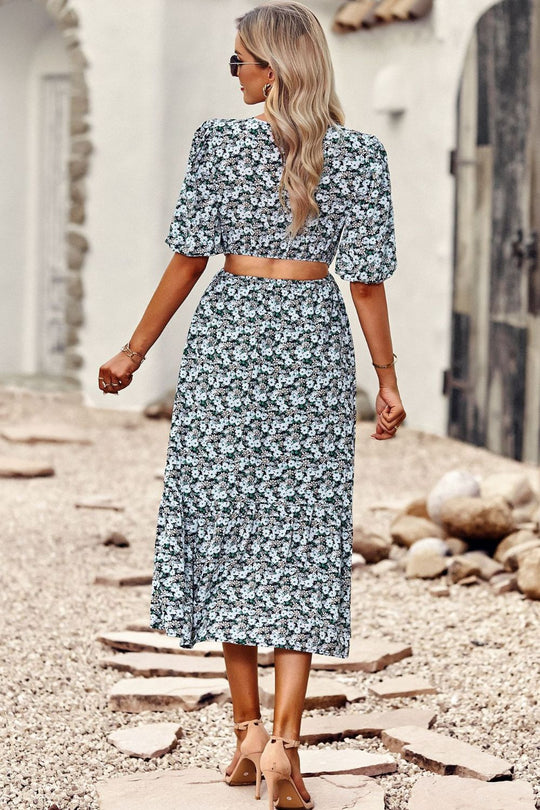 Robe Midi à Manches Bouffantes Découpée Fleurie 1