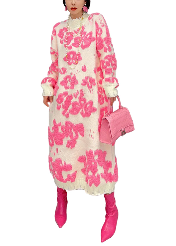 Robe Pull Ample à Col Haut Floral pour Femme 0