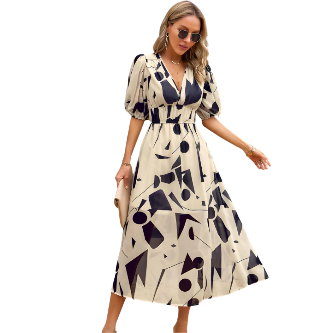 Robe V-Neck Élégante Femme en Mélange de Coton 0