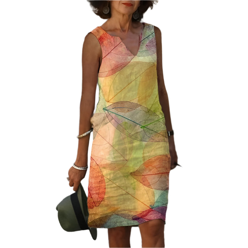 Robe d'Automne Sans Manches avec Imprimé Feuilles 0