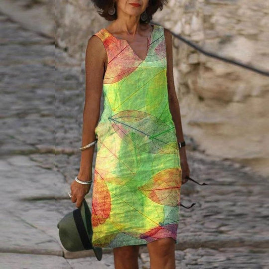 Robe d'Automne Sans Manches avec Imprimé Feuilles 1