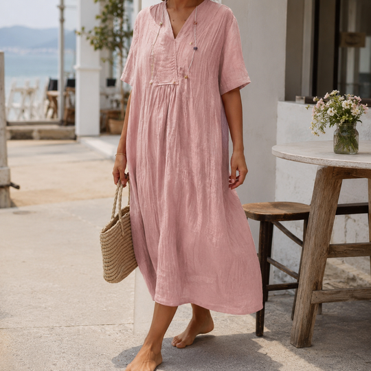 Robe d'Été Femme Ample avec Poches Col en V 1
