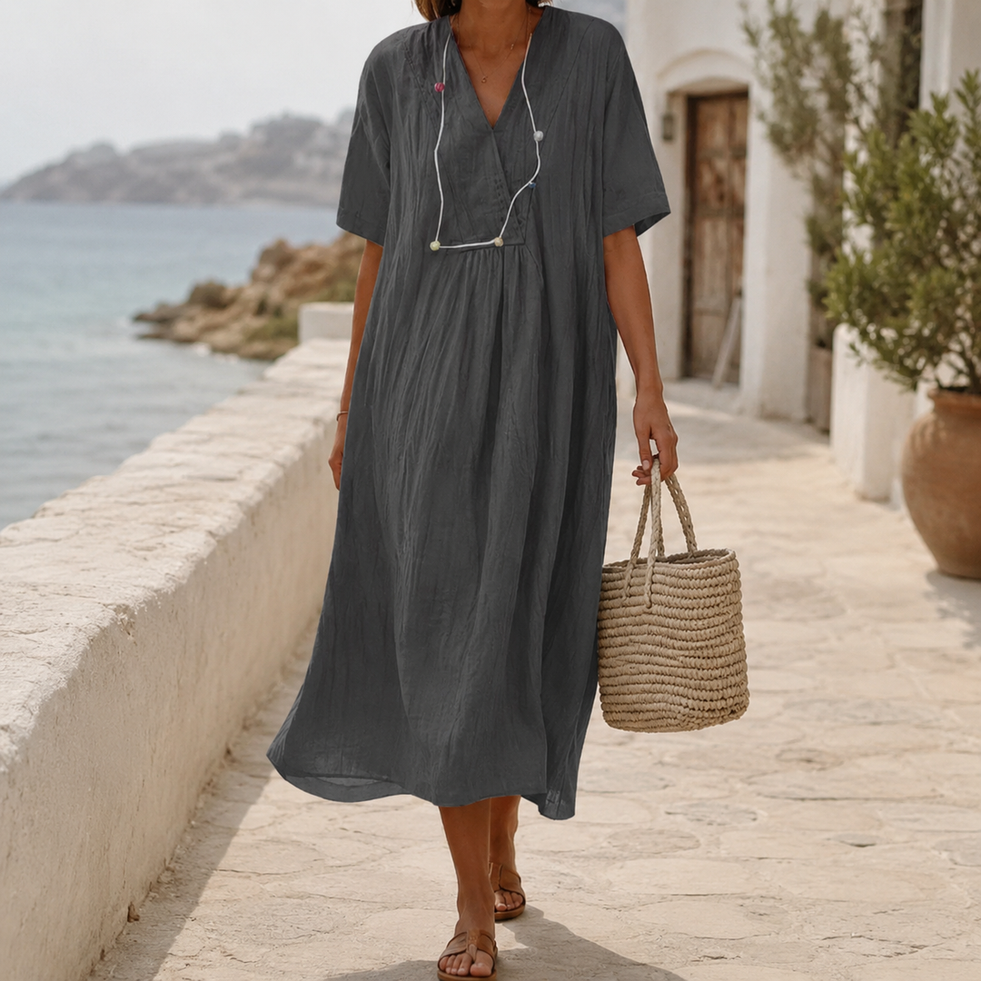 Robe d'Été Femme Ample avec Poches Col en V 2