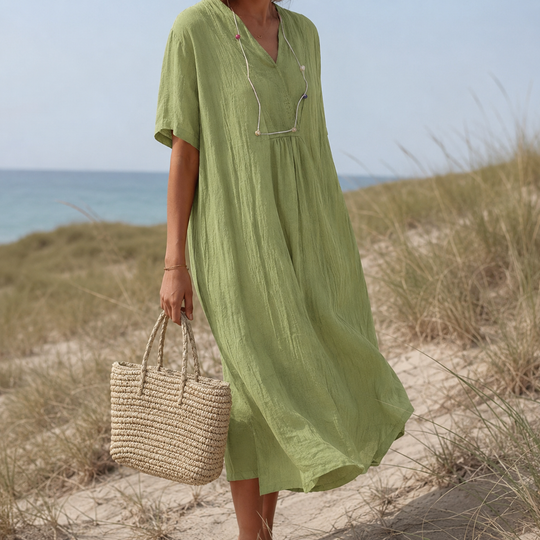 Robe d'Été Femme Ample avec Poches Col en V 4