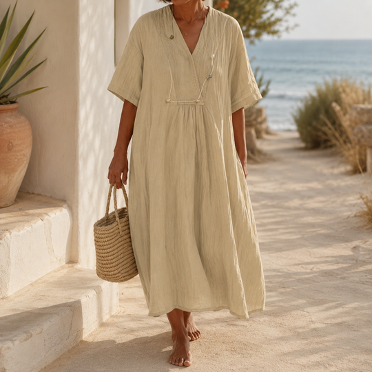 Robe d'Été Femme Ample avec Poches Col en V 6