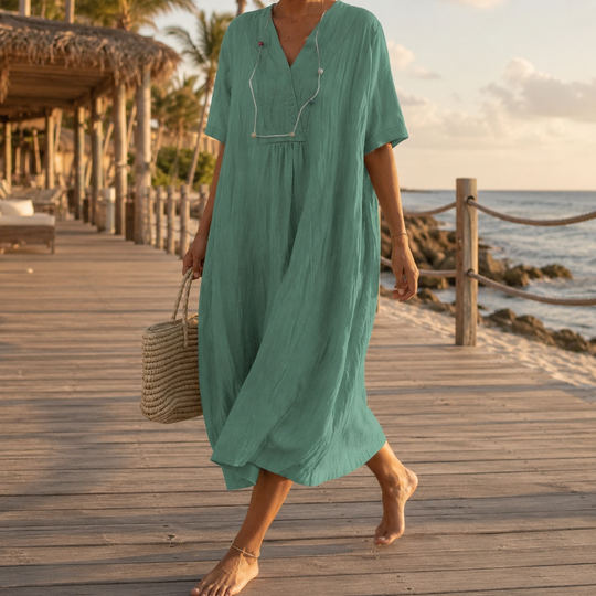 Robe d'Été Femme Ample avec Poches Col en V 7
