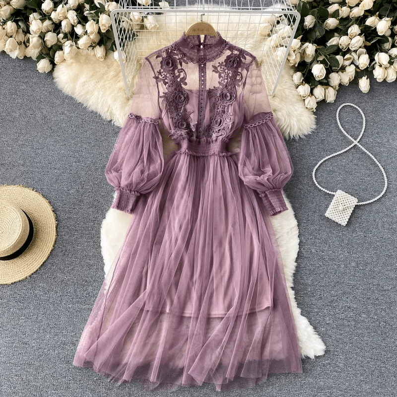 Robe de Soirée Femme Col Montant Accents Floraux 0