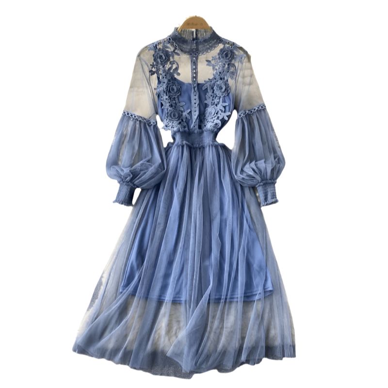 Robe de Soirée Femme Col Montant Accents Floraux 11