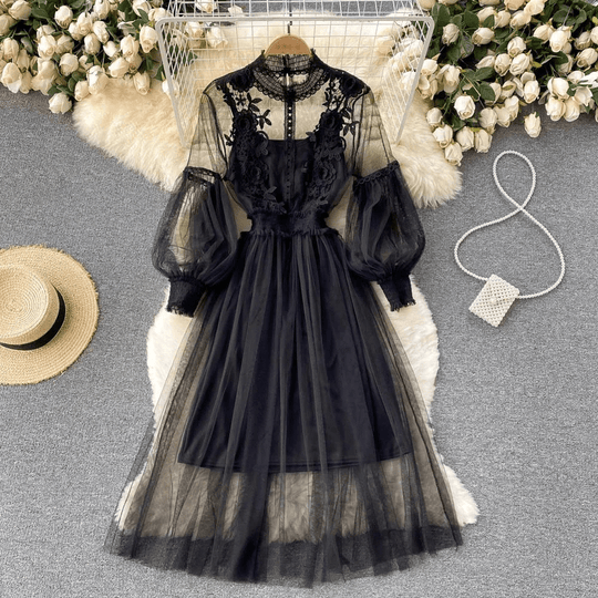 Robe de Soirée Femme Col Montant Accents Floraux 7