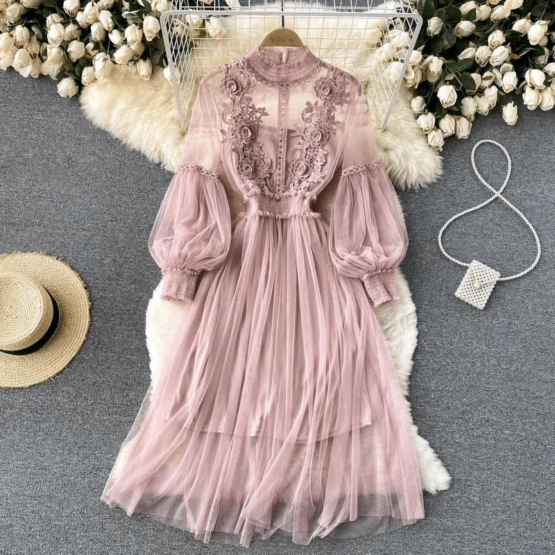 Robe de Soirée Femme Col Montant Accents Floraux 8