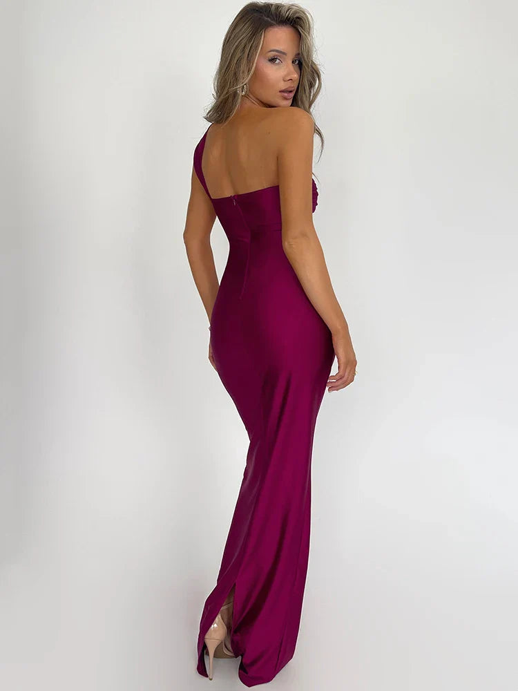 Robe de Soirée Longue Femme Une Épaule Tissu Doux Élastique 4