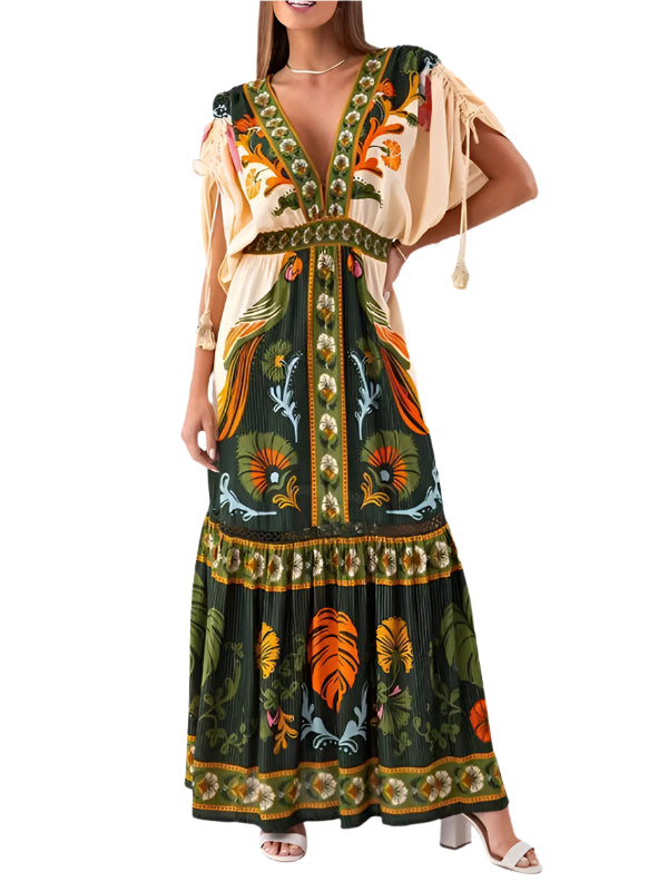 Robe en Lin Imprimée Ethnique à Col V pour Femme 0