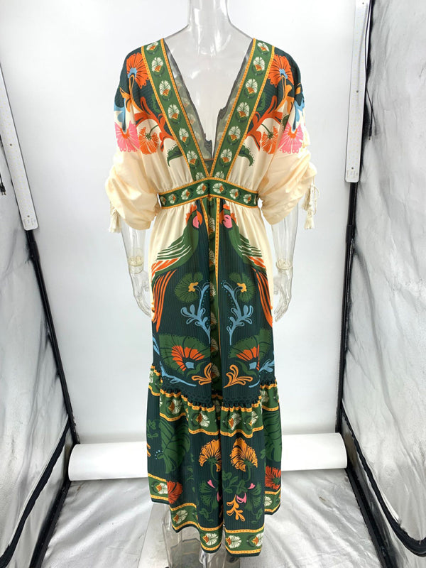 Robe en Lin Imprimée Ethnique à Col V pour Femme 1