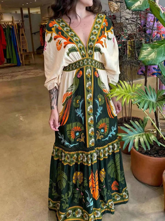 Robe en Lin Imprimée Ethnique à Col V pour Femme 3