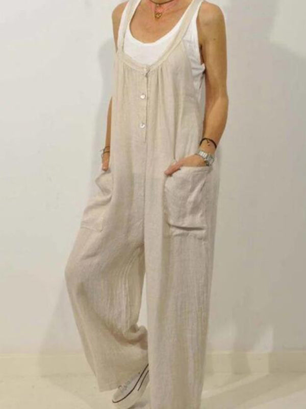 Salopette Femme Coton Lin Design Décontracté avec Poches 1