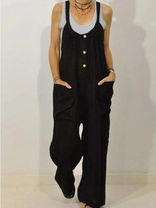 Salopette Femme Coton Lin Design Décontracté avec Poches 2