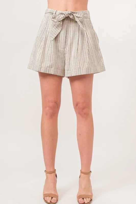 Short de Bain Femme Rayé en Mélange de Lin Légers 0