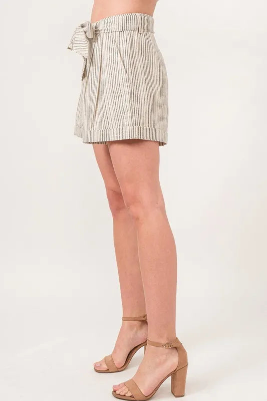 Short de Bain Femme Rayé en Mélange de Lin Légers 1
