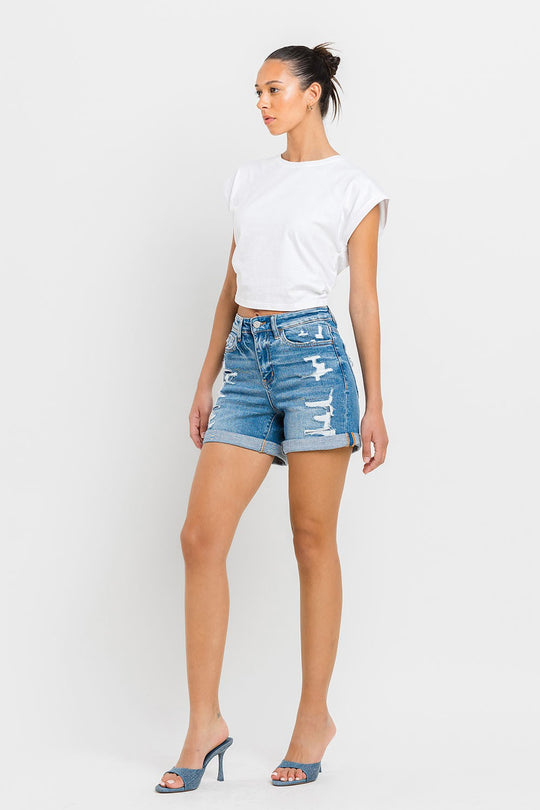 Short en Jean Femme Taille Haute Manches Roulées Denim 1