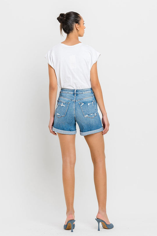 Short en Jean Femme Taille Haute Manches Roulées Denim 2
