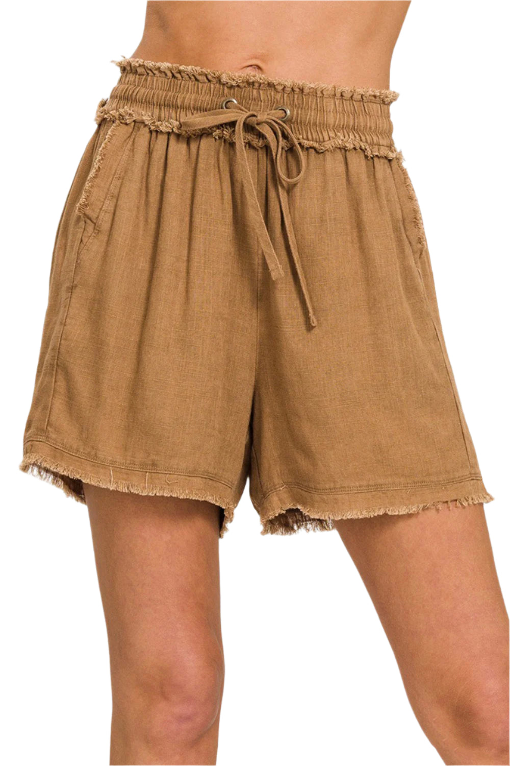 Shorts Femme Décontractés en Lin Lavé avec Taille à Cordon et Ourlet Effiloché 0